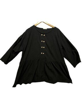 Bee Studio Womens Peplum Tunic Blouse Top L Black Linen Blend Crewneck Pullover